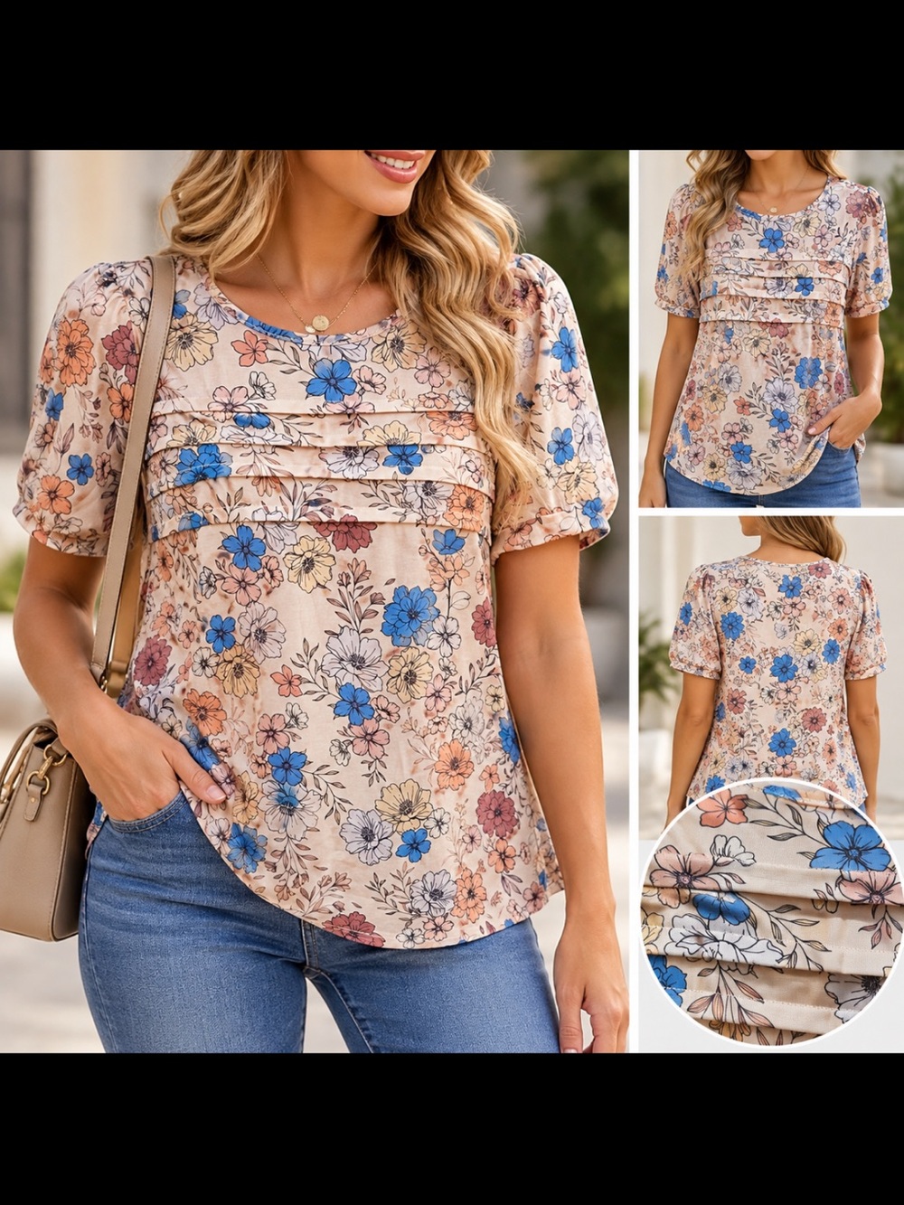 Zeagoo Women’s Floral Puff Short Sleeve Pleated Tunic Blouse Top Size M New